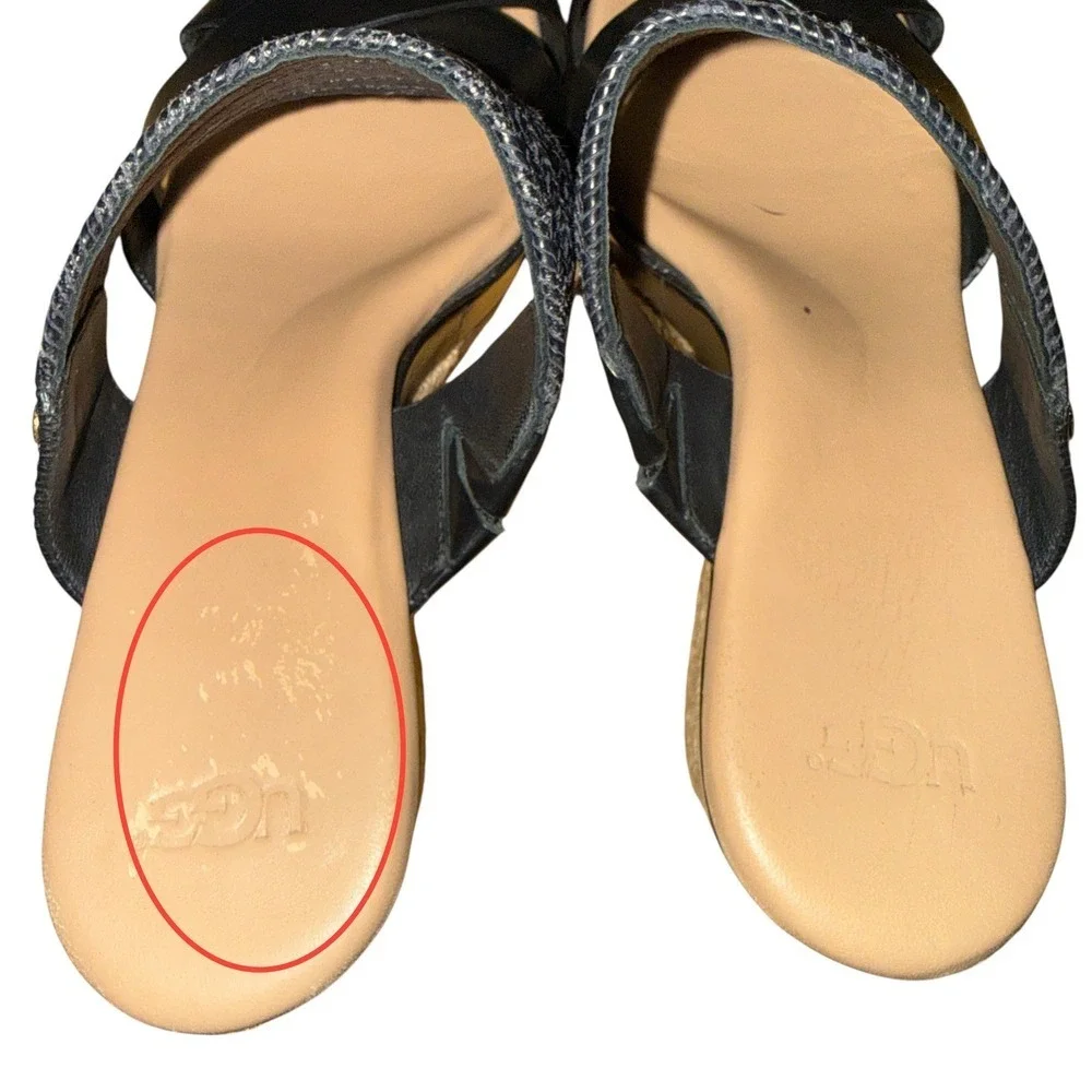 UGG Adriana Wedge Sandals Womens 8.5 Espadrille Slide Black Leather Braided Logo